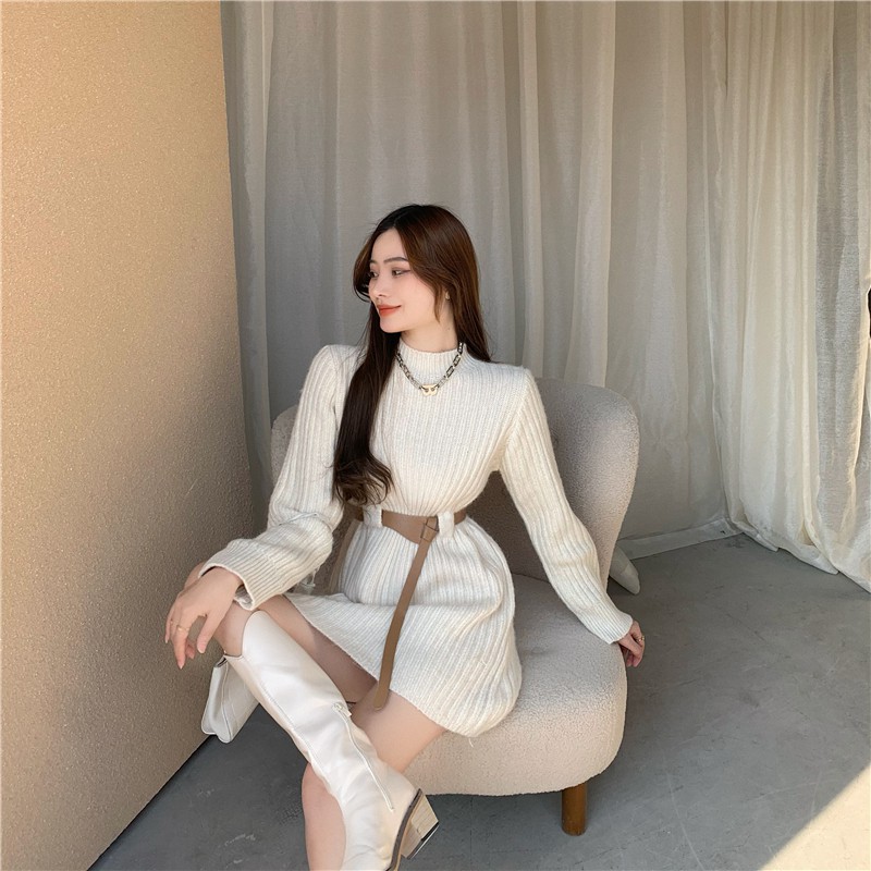 Đầm Len Tay Dài Cổ Tròn Chiết Eo Phong Cách Thời Trang Hàn Quốc 2020