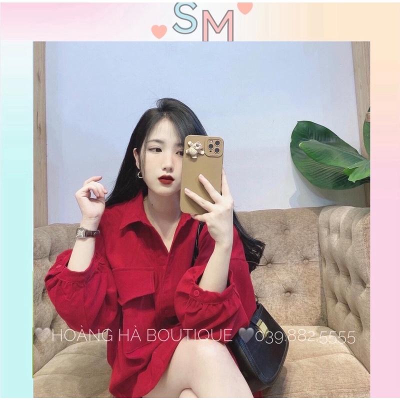 Áo sơ mi nữ cổ bẻ màu đỏ sang chảnh chất lụa sần phom rộng giấu quần đi học, đi làm,đi chơi SM STORE