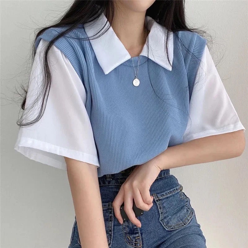 Áo Thun POLO Giả Hai Lớp Tay Ngắn Dáng Rộng Màu Sắc Tương Phản Thời Trang Mùa Hè 202