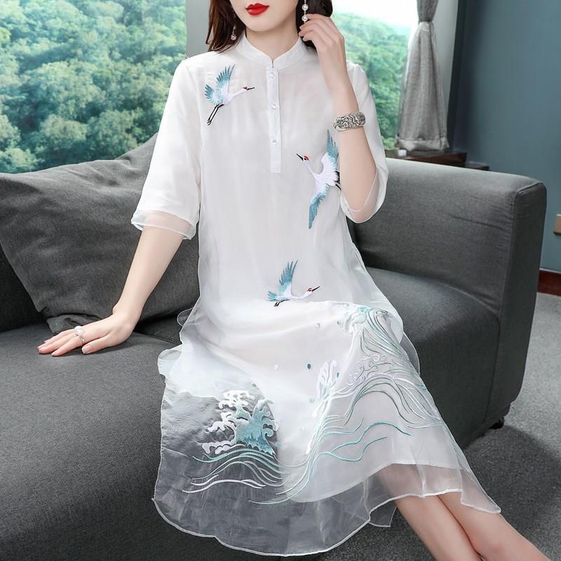 202 Hàng Mới Về Đầm Sườn Xám Cách Tân Dáng Rộng Thêu Họa Tiết Phong Cách Dân Tộc Thời Trang Mùa Hè 2022 Hàng Mới 22