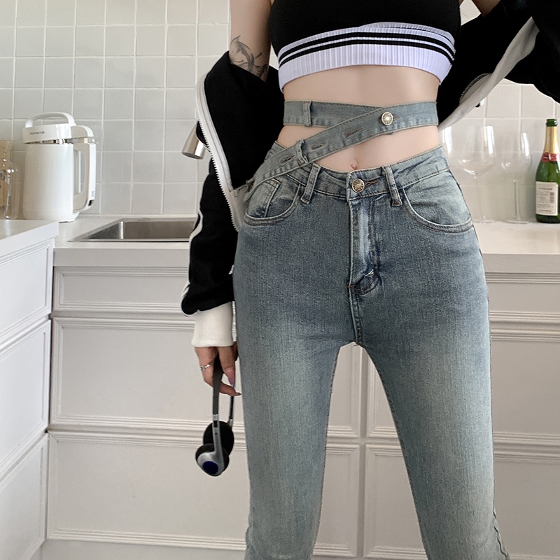 Quần jean ZHELIHANGFEI lưng cao ống loe xẻ tà quyến rũ dễ phối đồ thời trang
