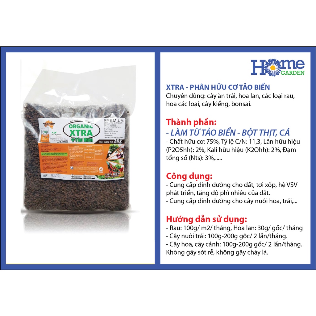 Phân Hữu Cơ TẢO BIỂN ORGANIC XTRA, Bao 2Kg (Nhập khẩu từ Úc), phân bón, rau, hoa màu, cây kiểng, hoa lan