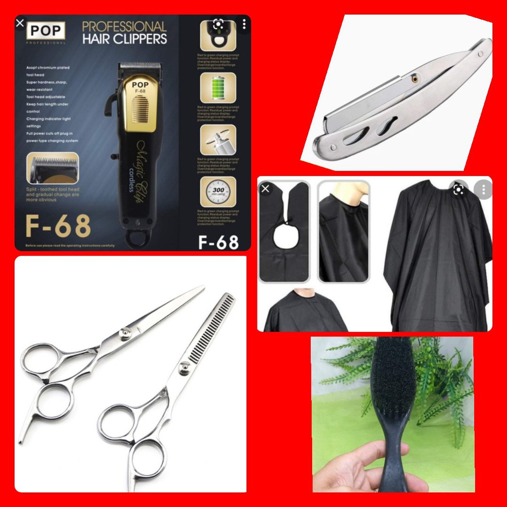 Bộ đồ nghề hớt tóc đẳng cấp gồm:Tông đơ Magic Clip F68 POP Lưỡi Kép Gama+bộ kéo cắt&tỉa+dao cạo Inox+áo choàng+chổi phủi