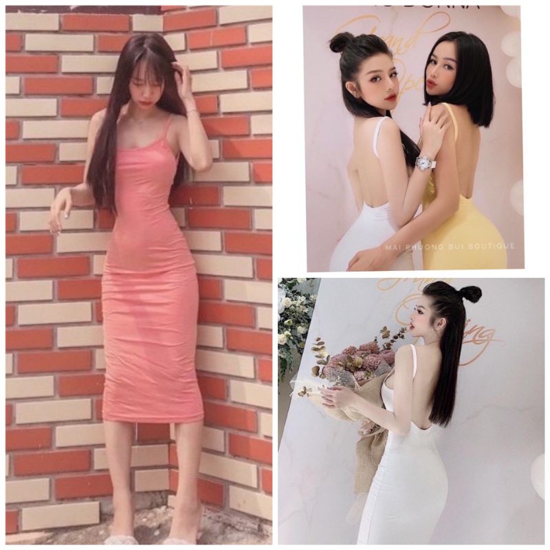Váy maxi 2 dây BODY hở lưng xẻ tà, Đầm body 2 dây hở Lưng Sexy
