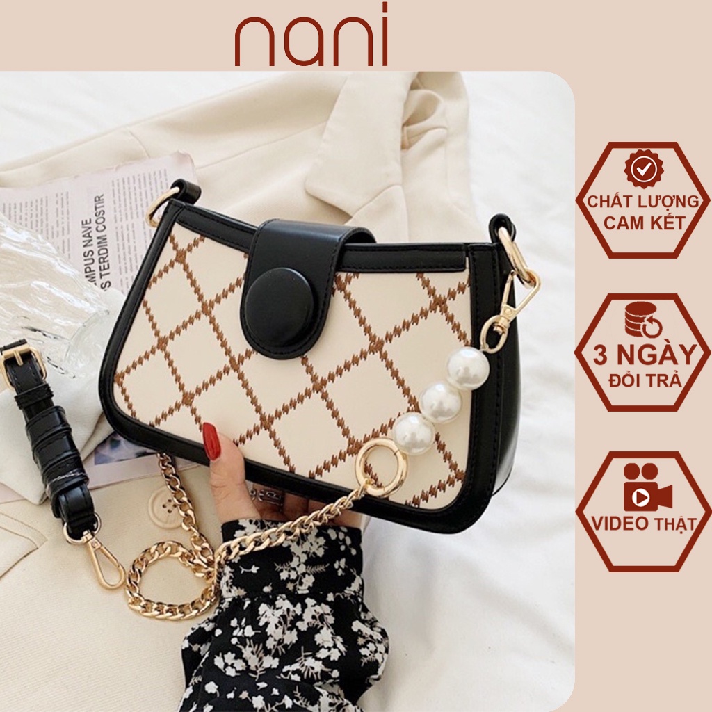 Túi đeo chéo nữ đẹp đi chơi 2 dây và quai xích ngọc trần trám, túi xách nữ thời trang hàn quốc, Hà túi HT12