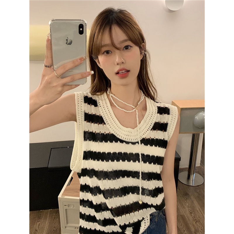 Áo Len Không Tay Họa Tiết Sọc Ngang Thời Trang Dành Cho Nữ