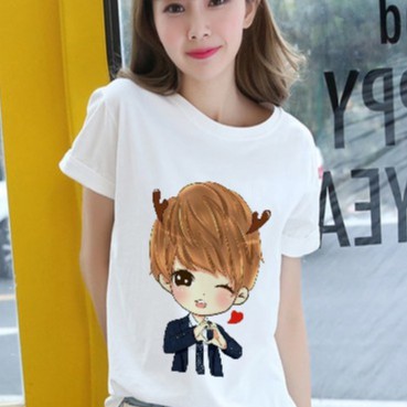Áo Thun Nữ In Hình chibi Nam dễ Thương 1 vải Dày Mịn Không Xù Lông