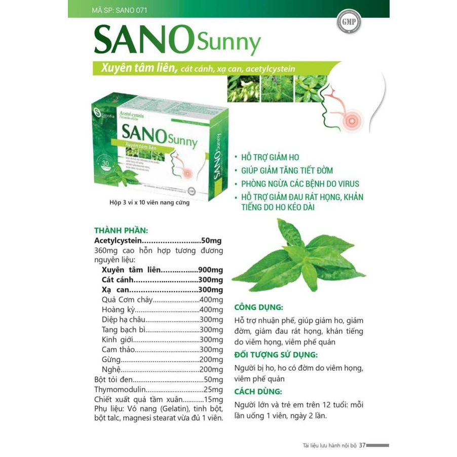 Viên uống Xuyên Tâm Liên Sano Sunny nhuận phế giảm ho - NT074