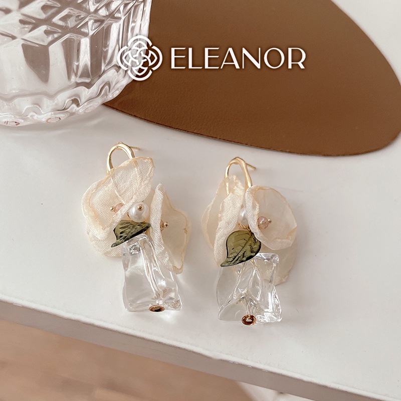 Bông tai nữ Eleanor Accessories hoa vải ren gắn đá thủy tinh trong suốt phụ kiện trang sức tiểu thư thanh lịch