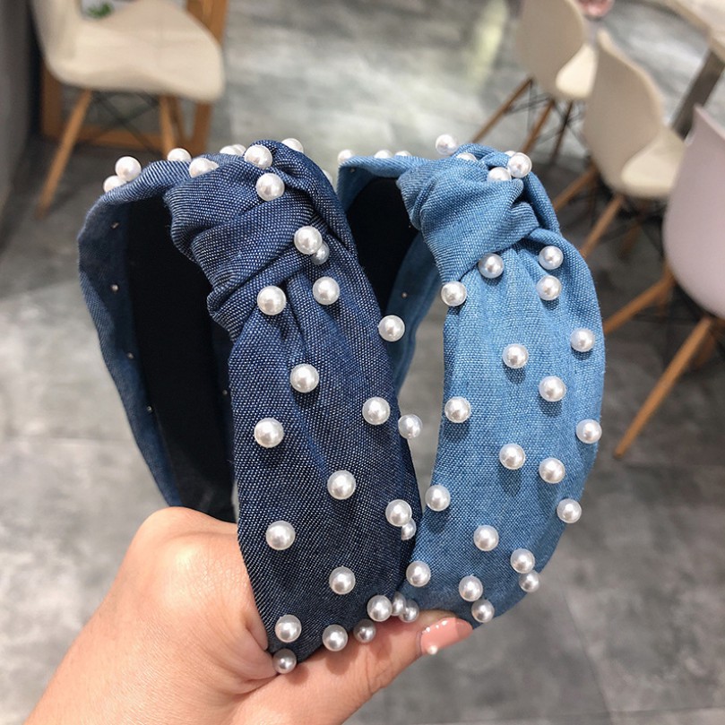 Cài tóc vải jean xanh 2 màu thời trang cá tính sang trọng