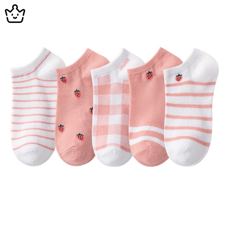 Vớ cotton Cổ Thấp In Họa Tiết Dâu Tây/Hoạt Hình Màu Hồng Xinh Xắn Thời Trang Cho Nữ JP6