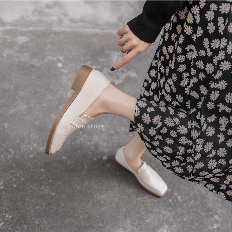CÓ SẴN ẢNH THẬT Giày moca nữ - búp bê văn phòng - Loafer nữ dáng basic màu đen - kem da mềm CALEE STORE