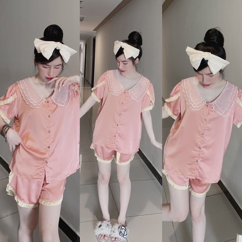 (Dưới 62kg) Đồ bộ đùi mặc nhà Lụa Satin phối ren tay phồng tiểu thư sang trọng và cao cấp