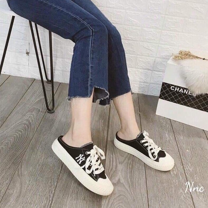 Giày sục thể thao nữ sneaker sục nữ đạp gót màu đen chữ N.Y vải canvas đế độn cao 3cm LAPA - LP086