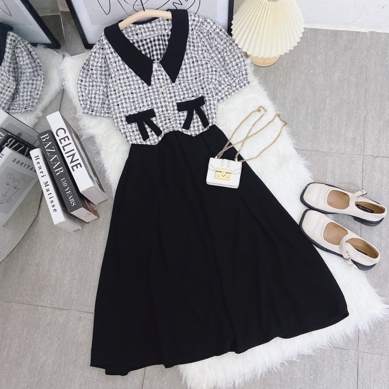 SET ÁO DẠ CARO NƠ TÚI ĐEN + CHÂN VÁY ĐEN MIDI