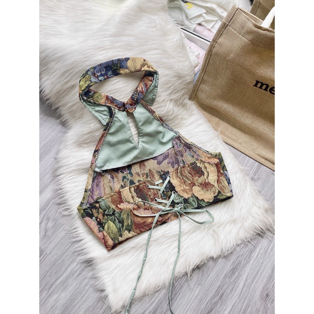 Áo kiểu nữ croptop cổ yếm hở lưng đan dây hoa thổ cẩm xinh ut