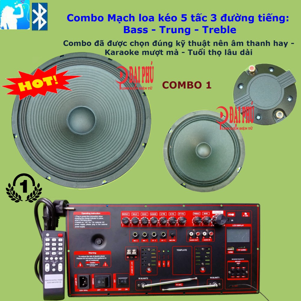 Combo Bộ Mạch loa kéo công suất lớn 5 tấc 3 đường tiếng Bass Trung Treble