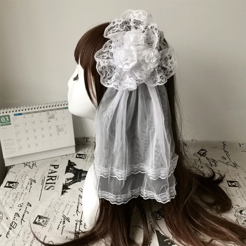 Kẹp Tóc Hình Mạng Che Mặt Phối Ren Hoa Hồng Phong Cách Lolita