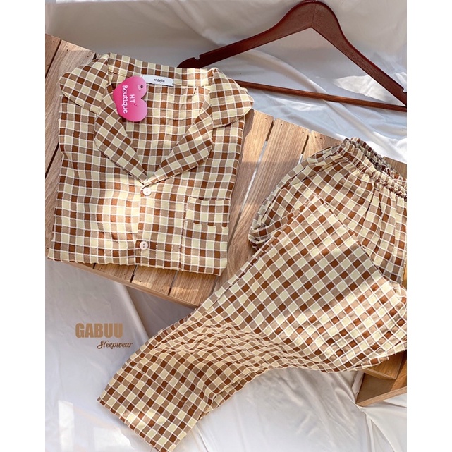 Bộ pyjama kẻ caro phong cách Hàn Quốc freesize chất thô gân xốp mềm mát - Gabuu.sleepwear | BigBuy360 - bigbuy360.vn
