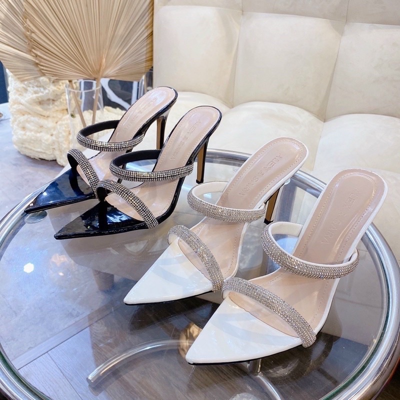Dép nữ cao gót 9p cao cấp vnxk ,giày sandal mũi nhọn siêu nhẹ 2 quai ngang mảnh đính đá rẻ thời trang đẹp