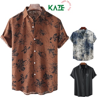 Áo sơ mi nam họa tiết đi biển cuban shirt ka 03 áo sơ mi tay lỡ in hình hoa lá chất liệu lụa đũi form regular