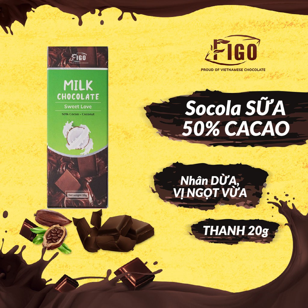 [CHÍNH HÃNG- ĂN LÀ NGHIỆN] Milk Chocolate Dừa 50% cacao 20g FIGO VIET NAM ( ĐỒ ĂN VẶT NGON )