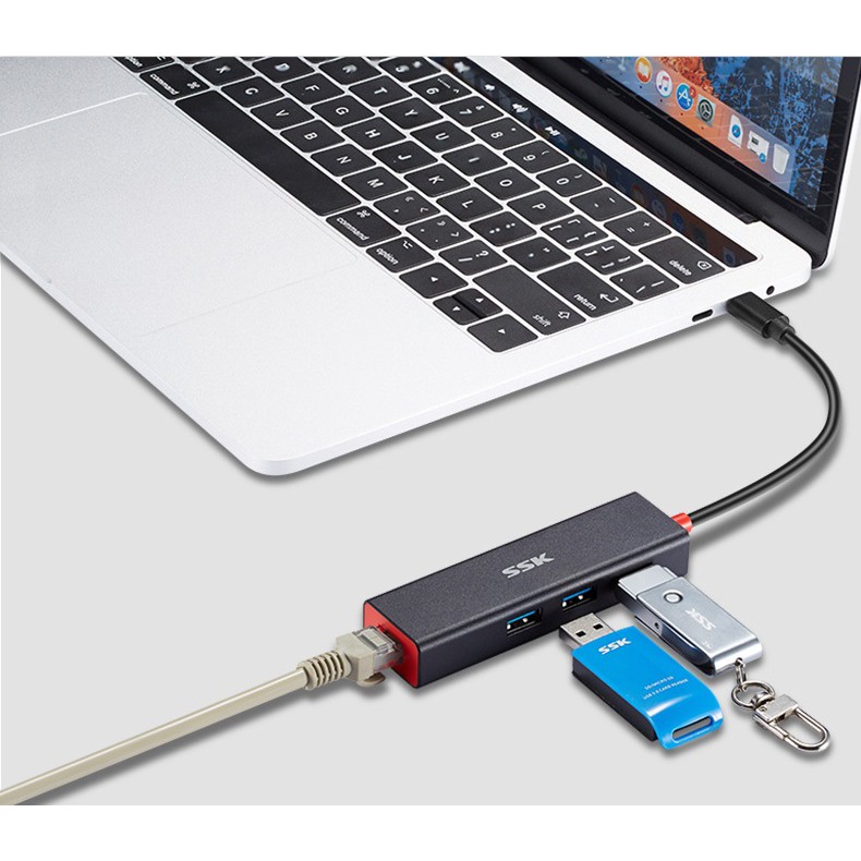 Cáp chuyển đổiType C sang Lan Gigabit 10/100/100 + 3 cổng usb 3.0 SSK SHU C540
