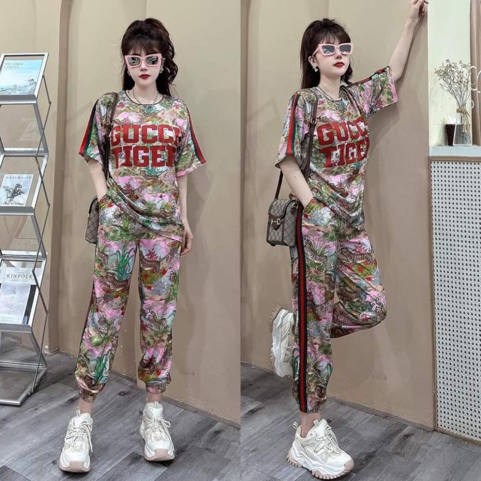 Đồ Thể Thao Nữ Dài Đi Chơi, Đồ Bộ Thể Thao Nữ Form Rộng Phối Họa Tiết Chất Thun Cotton Đủ Size 45-70kg. KuteShop