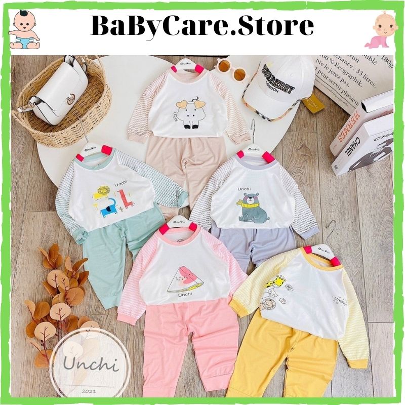 Sale! Bộ Dài Tay thun lạnh hàng unchi chínhãng Chui Đầu tay kẻ sọc in bụng chất cotton peptit cho bé trai, bé gái (DT17)