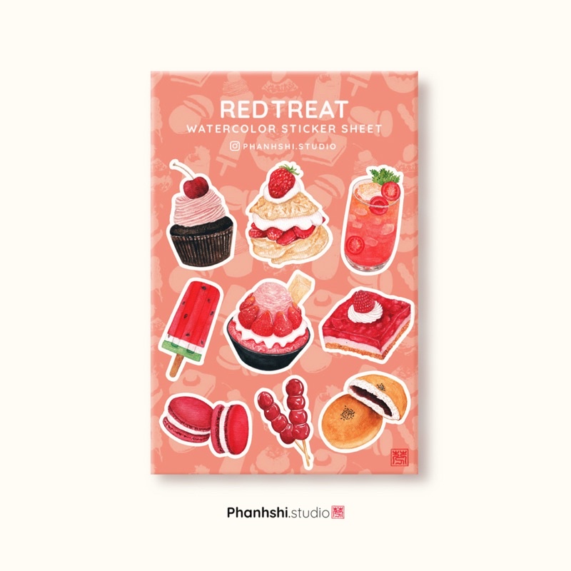“Red Treat” Tấm Sticker 9 Hình Bánh Kem Màu Đỏ In Từ Tranh Vẽ Tay Màu Nước