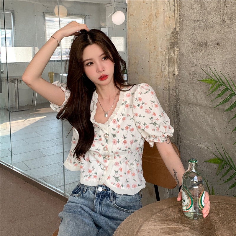 Áo Kiểu Tay Phồng Ngắn Cổ Vuông In Họa Tiết Hoa Thời Trang Hàn Quốc Cho Nữ