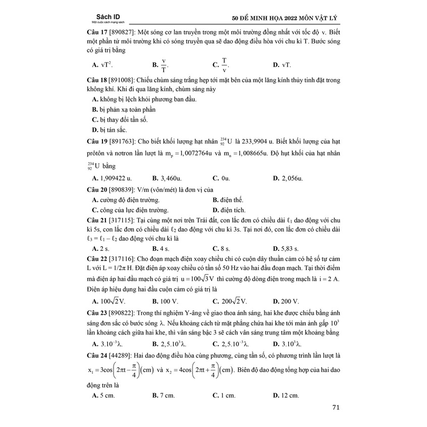 Sách - 50 Đề Minh Họa 2022 Môn Vật Lý