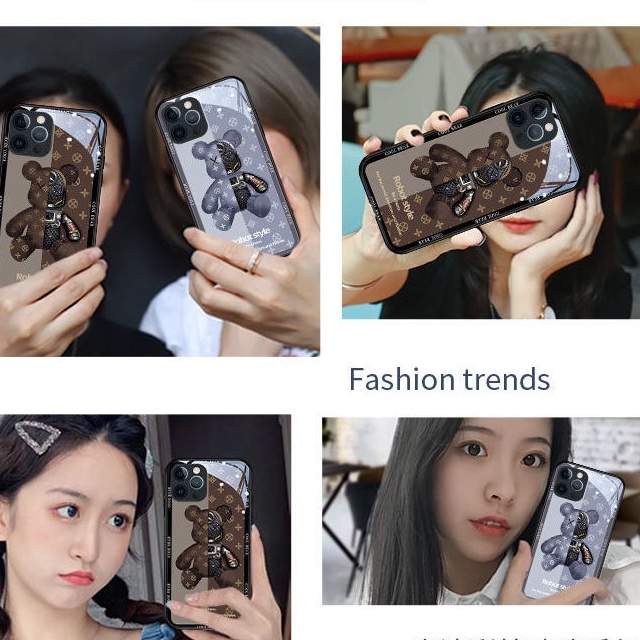 Ốp điện thoại mặt kính in hình gấu hai màu thích hợp cho iPhone 12 13 11 Pro Max X XS Max XR 7 8 Plus