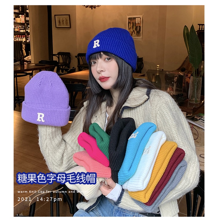 Mũ Len Đan In Chữ R Màu Xanh Dương Thời Trang Thu Đông Cho Nam Và Nữ