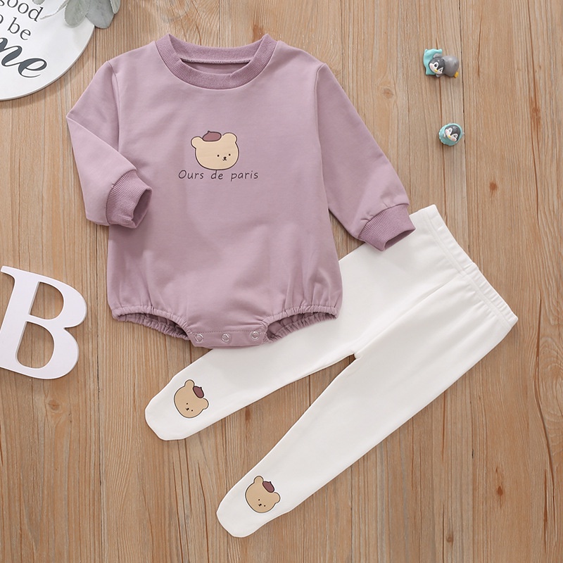 Bộ Áo Liền Quần Dài Tay Vải Cotton Mềm In Hình Gấu Dễ Thương Cho Bé