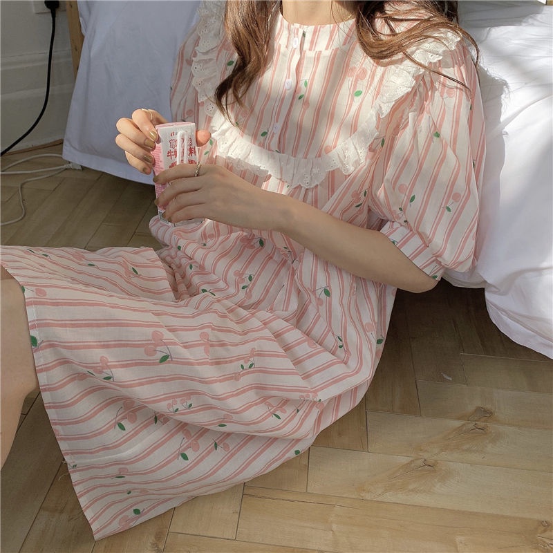 Đầm Ngủ Tay Ngắn Phối Ren Họa Tiết Cherry Dễ Thương Phong Cách Nhật Hàn Thời Trang Mùa Hè Cho Nữ