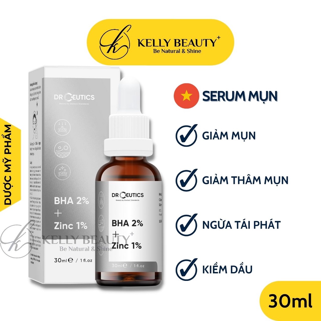 Serum Mụn DrCeutics 30ml - Cải Thiện &amp; Ngừa Mụn; Giúp Kiềm Dầu, Thông Thoáng LCL - BHA 2% + Kẽm PCA 1% | Kelly Beauty