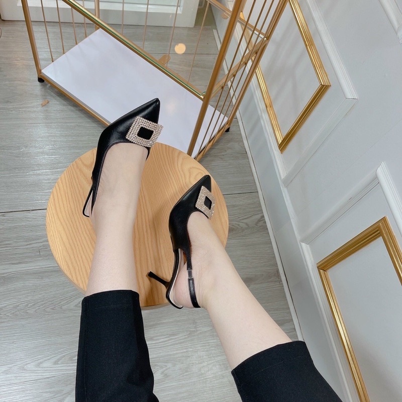Giày cao gót mũi nhọn gắn đá, giày gót nhọn hở gót 8p