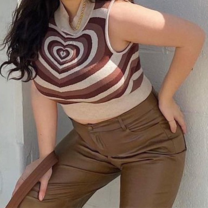 Áo Len Croptop Sát Nách Cổ Lọ Màu Sắc Tương Phản In Họa Tiết Trái Tim Phong Cách Harajuku Thời Trang Mùa Hè Cho Nữ