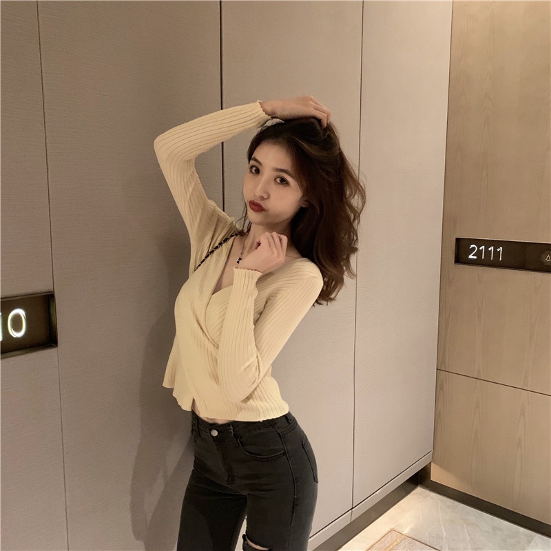 Áo Len Dệt Kim Mỏng Cổ Chữ V Mới Của Phụ Nữ Mùa Thu Phong Cách Hàn Quốc Thời Trang Mỏng Gợi Cảm Top