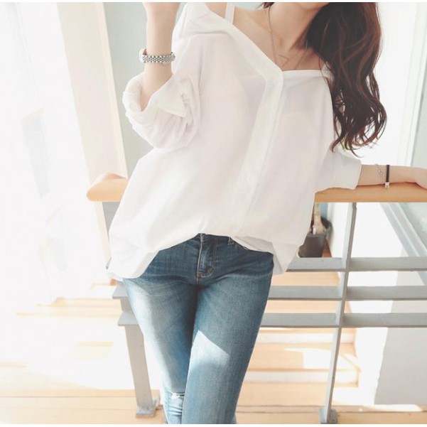 Áo Kiểu Nữ Dáng Sơ Mi Trắng Cách Điệu Vai Áo Trễ Kèm Đai Lưng - ASMN19.0015 | BigBuy360 - bigbuy360.vn