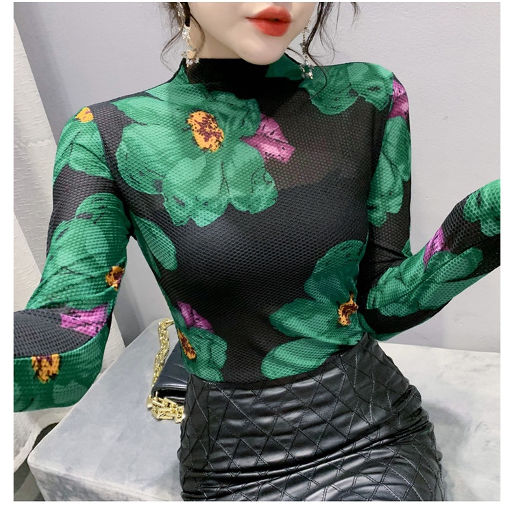 Cổ lọ in họa tiết thời trang thu đông áo lưới dài tay Áo thun dài tay nữ