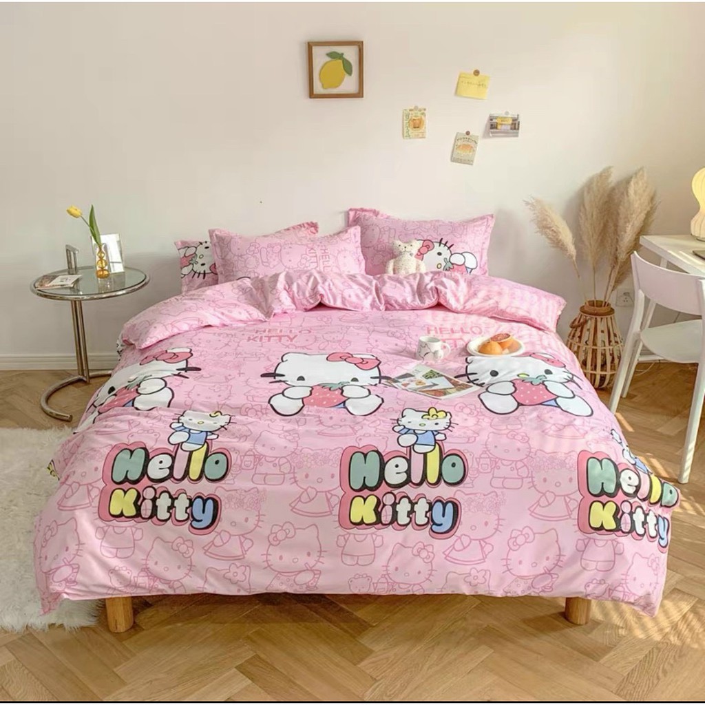 Bộ chăn ga gối Cotton Poly phong cách Hàn Quốc - Hello Kitty ( Không kèm ruột )