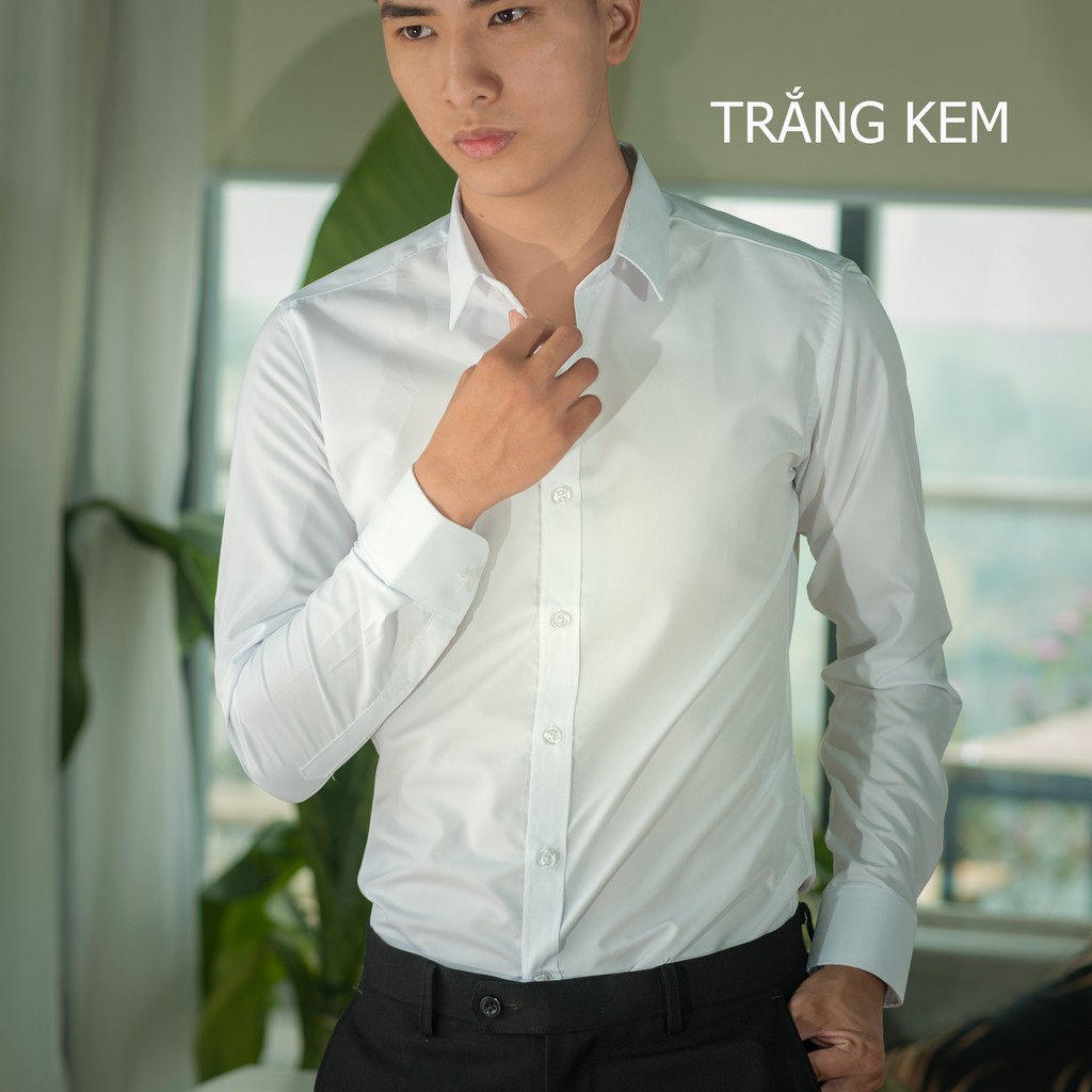 Áo sơ mi nam trắng dài tay HTSM MAGNOR vải trơn, vải Polyspun chống nhăn, cổ bẻ, dáng slimfit công sở không túi ngực | BigBuy360 - bigbuy360.vn