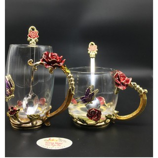 Cốc ( ly) thủy tinh enamel HOA HỒNG ĐỎ- SONG NGƯ HOA THẢO TRÀ