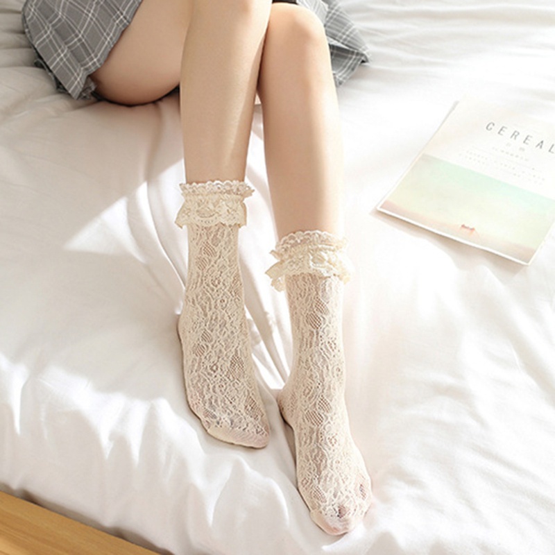 Vớ lưới cổ thấp đàn hồi phối ren hoa siêu mỏng màu trơn viền nhún bèo phong cách lolita Nhật Bản đáng yêu cho nữ