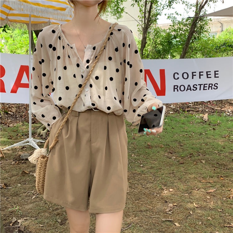 Set Áo Sơ Mi Tay Dài Dáng Rộng Họa Tiết Chấm Bi Phối Chân Váy Lưng Cao Phong Cách Retro Phương Tây