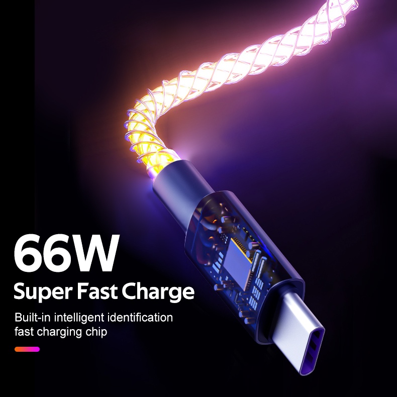 Cáp sạc TBTIC USB Type C 66W màu dạ quang phát sáng nhanh cho điện thoại Huawei Xiaomi Redmi Oppo