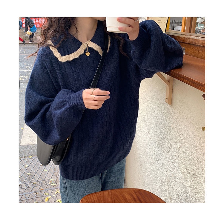 [Spot] Áo len cổ búp bê nữ dệt kim lỏng phong cách Hàn Quốc