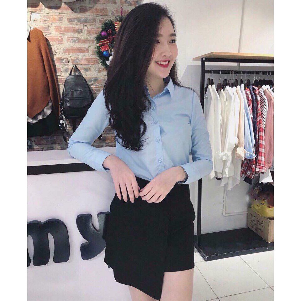 Sơ mi xanh dương Nữ tay dài hiện đại, trẻ trung chất vải áo somi lụa trơn cao cấp